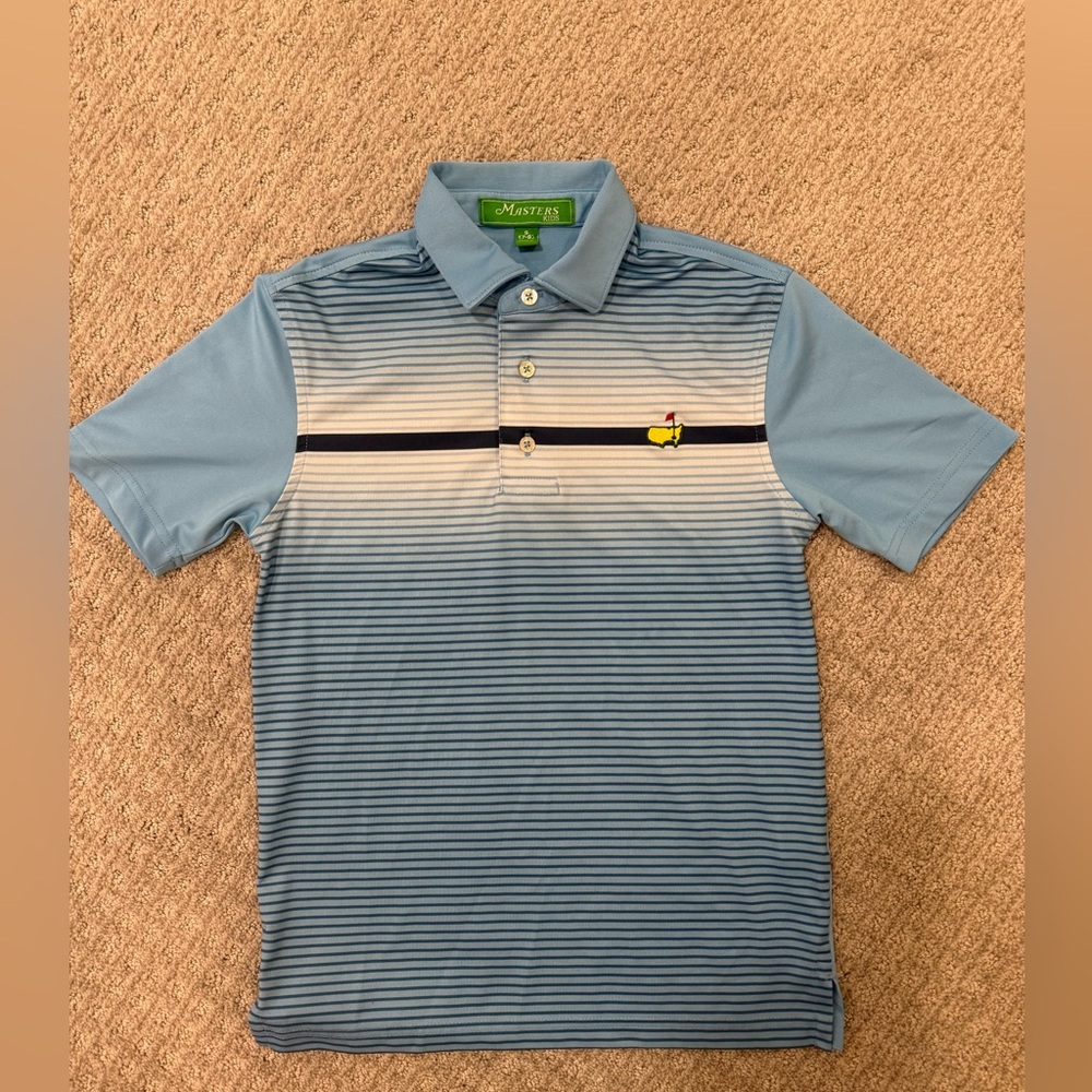 Official Masters Kids Tech Golf Polo Striped Lt Blue, Size S LIKE NEW